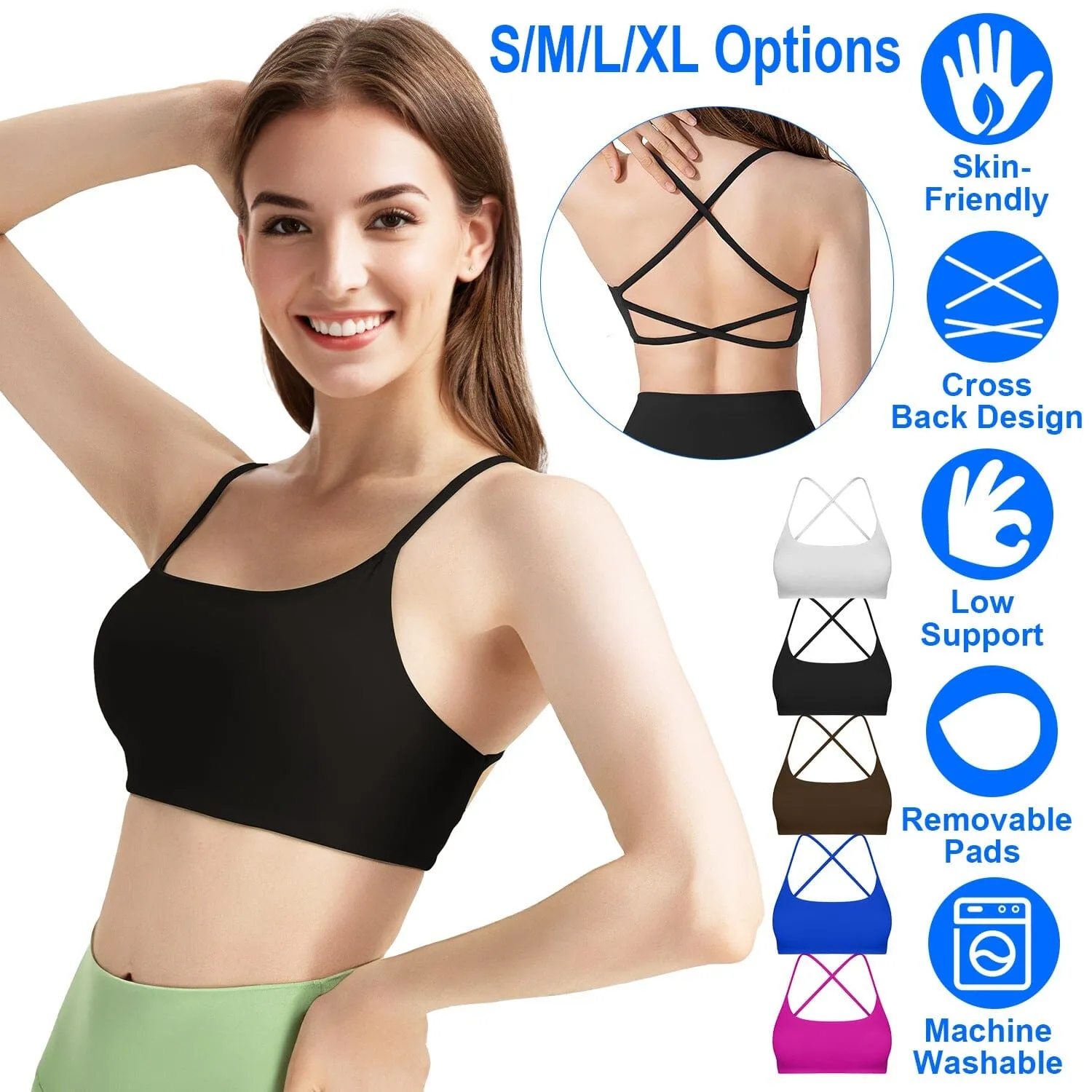 Women Cross Back Sport Bras Padded with Removable Pads Thin Straps