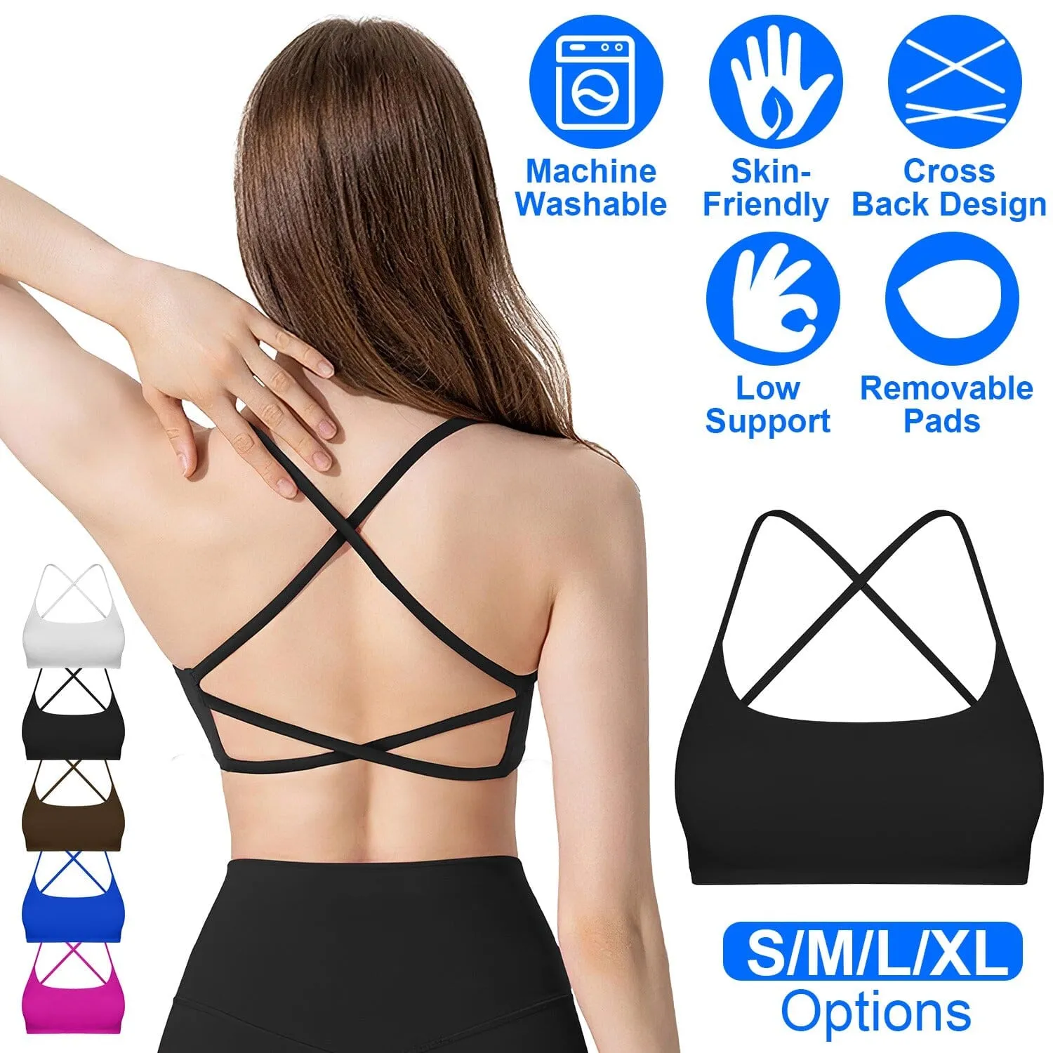 Women Cross Back Sport Bras Padded with Removable Pads Thin Straps