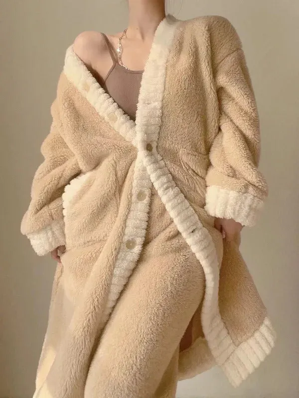 Women's Autumn Winter New Coral Velvet Sleepwear V-neck Thickened Warm Fleece Robe De Maison Luxury Home Suit