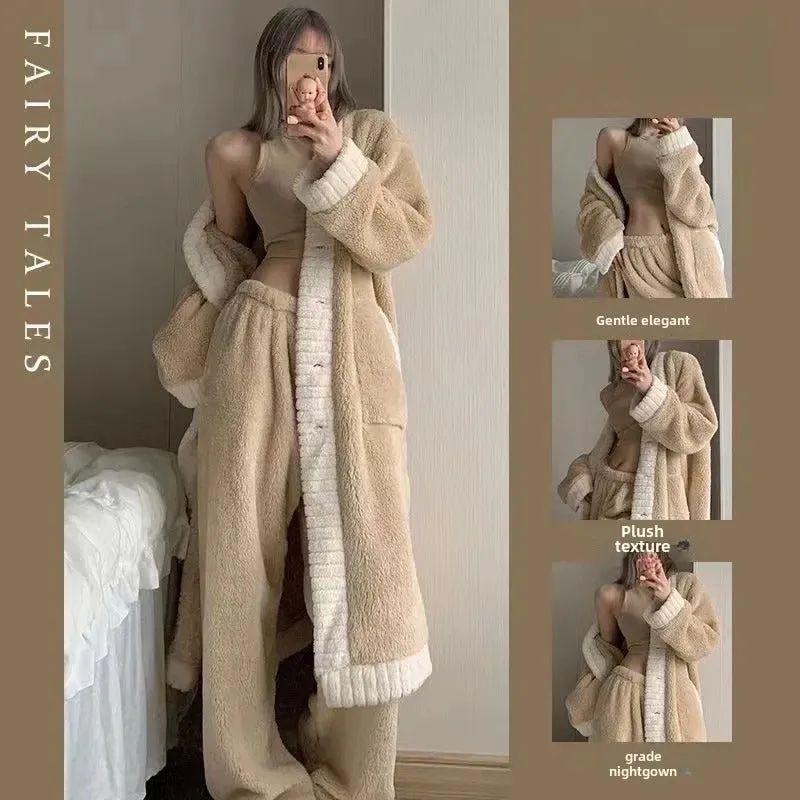 Women's Autumn Winter New Coral Velvet Sleepwear V-neck Thickened Warm Fleece Robe De Maison Luxury Home Suit