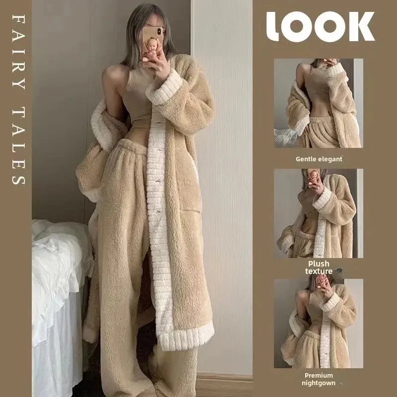 Women's Autumn Winter New Coral Velvet Sleepwear V-neck Thickened Warm Fleece Robe De Maison Luxury Home Suit