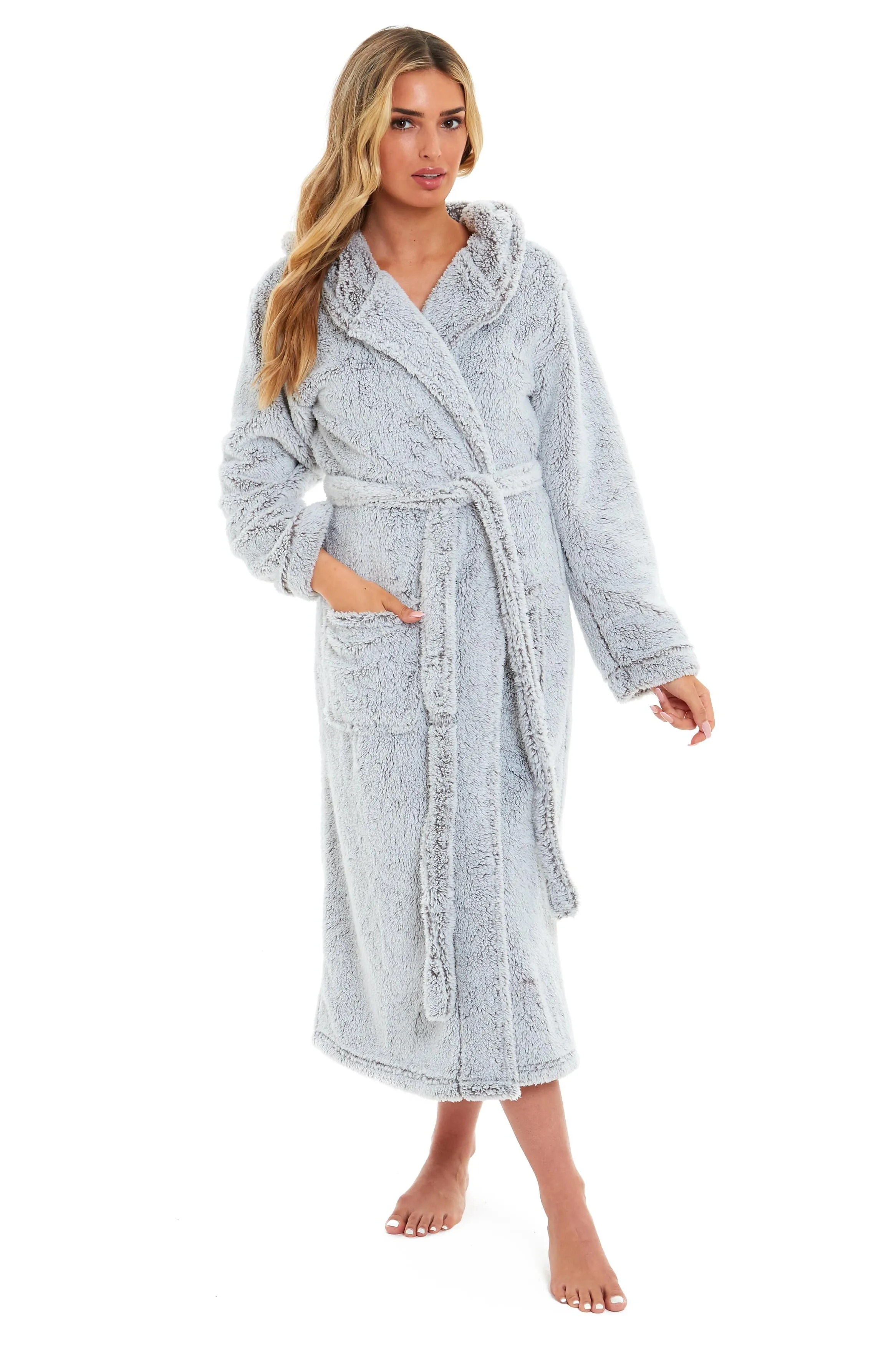 Women's Shimmer Grey Luxurious Velvet Fleece Hooded Dressing Gown for Ultimate Comfort by Daisy Dreamer