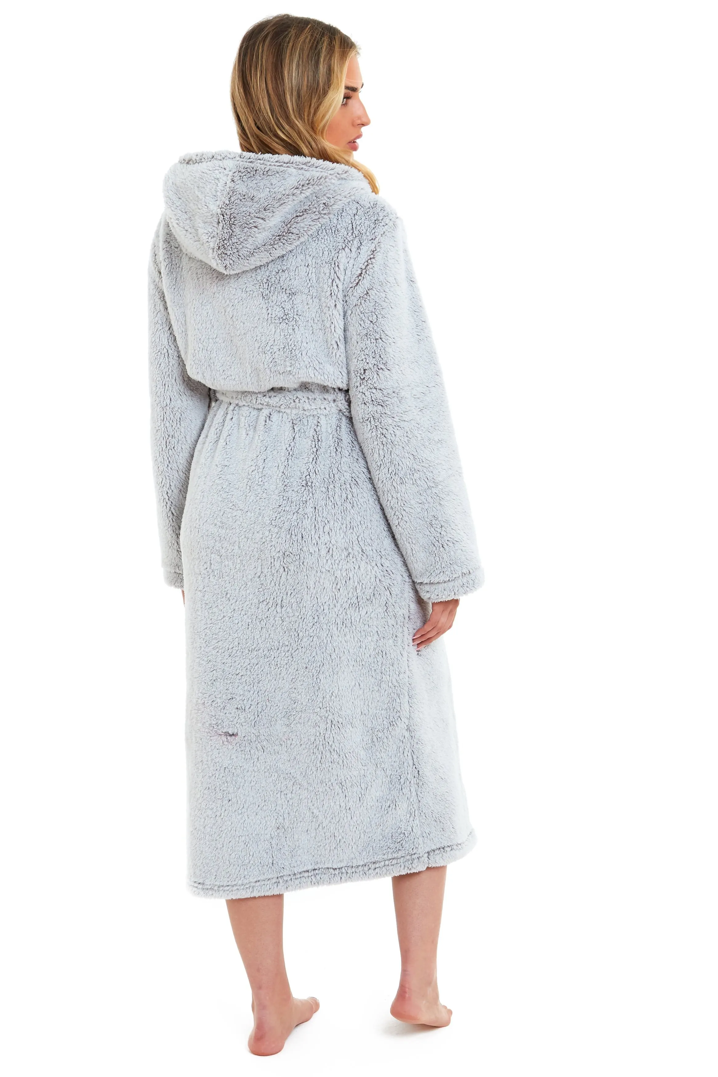 Women's Shimmer Grey Luxurious Velvet Fleece Hooded Dressing Gown for Ultimate Comfort by Daisy Dreamer