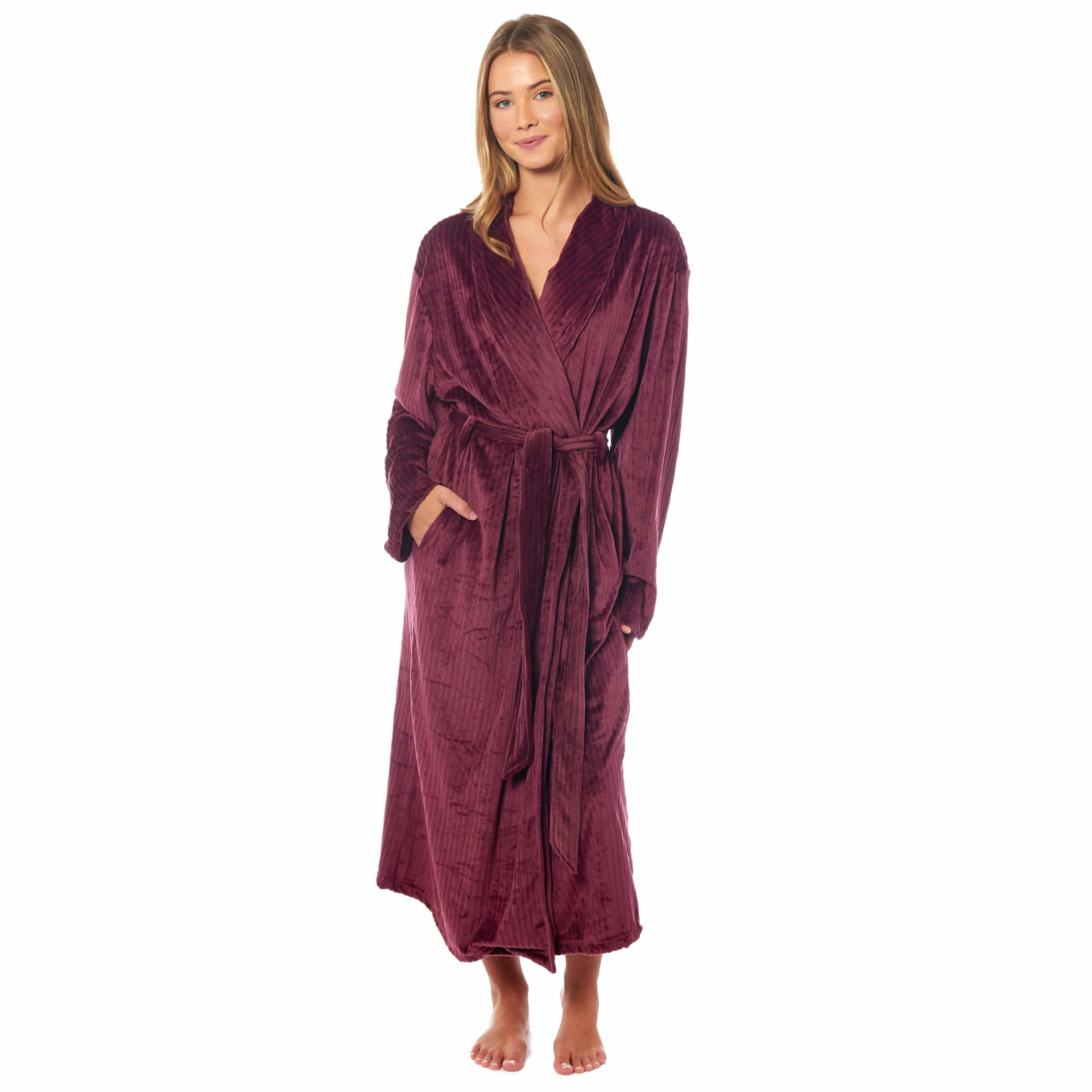 Women's Stripe Jacquard Soft Warm Long Dressing Gown with Belt and Pockets Cosy Shawl Collar Loungewear Robe By Daisy Dreamer